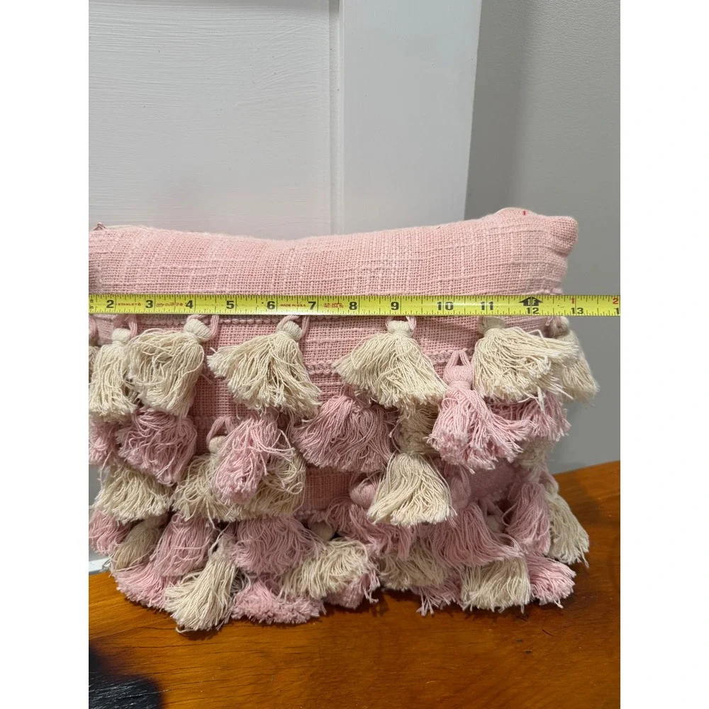Boho Pink Woven Tassel Throw Pillow Cream Fringe Lumbar Decorative Accent 12x9